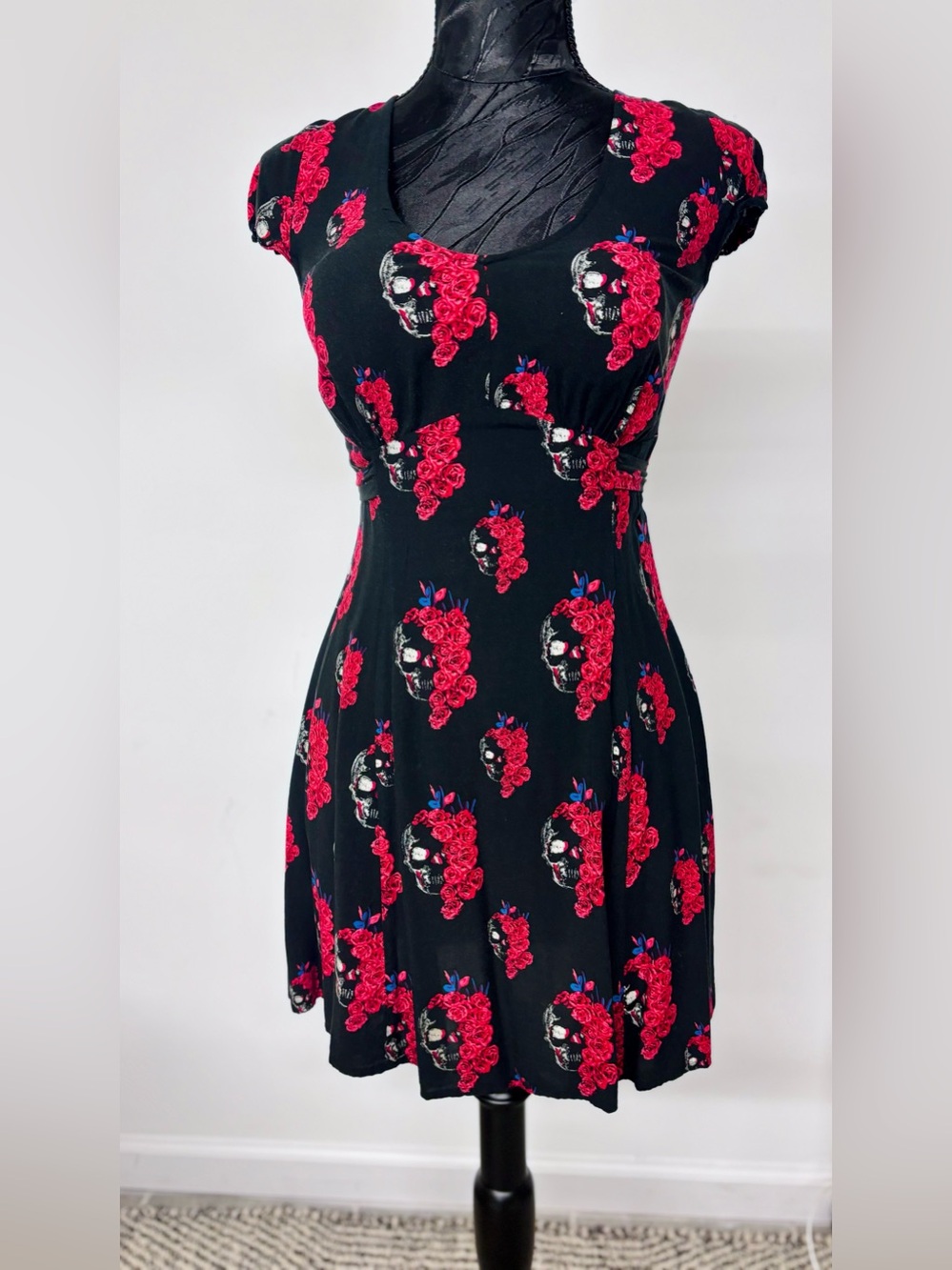 Royal Bones By Tripp NYC - Black Swing Style Mini Dress - Skull Floral Motif - S